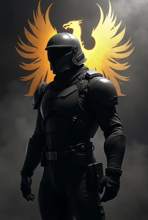 a campaign photo for our armor and Helmet Campaign 
background: black + white with few opacity and add silhouette commando, add  a Golden Phoenix in the middle of this photo