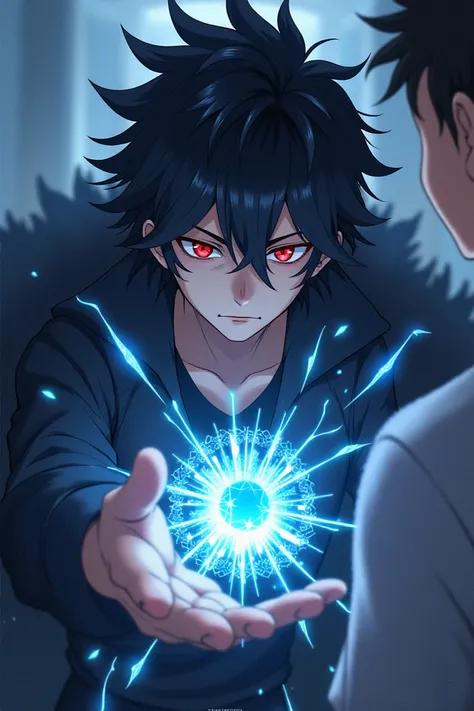 Black-haired anime boy with red eyes playing a spell in another boy anime