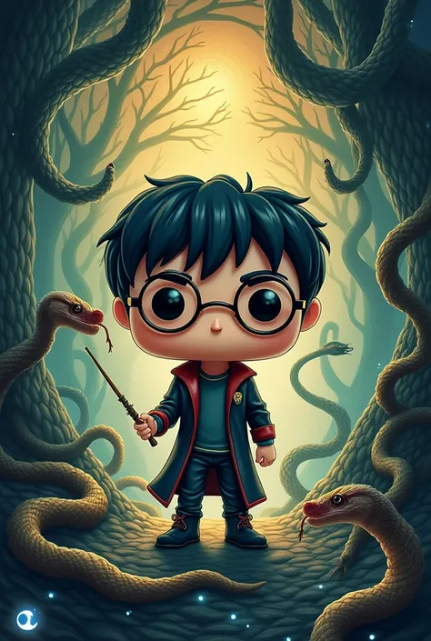 Advertising poster for the book The Spell of the Snake with Harry Potters funko pop inviting you to read the book 