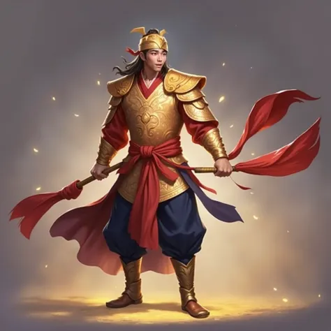  A small Asian League of Heroes warrior wearing a bright, glittering golden red ancient heros robe stands。 with a very masculine hero character .Little warrior flies out of the golden light ， Draw an arc in the air with a sparkling pen ，Movements are elega...