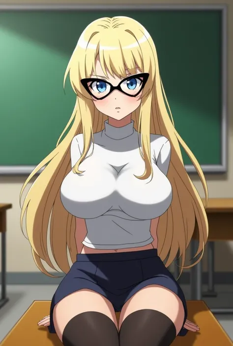 screenshot of my hero academia, light blonde hair,  bright blue eyes, (((oversized cat-eye glasses))), T-shirt revealing her slim and curvy waist, slim with huge breasts, ((huge sexy breasts)), sitting at a table in a classroom, wears a skirt and her stock...