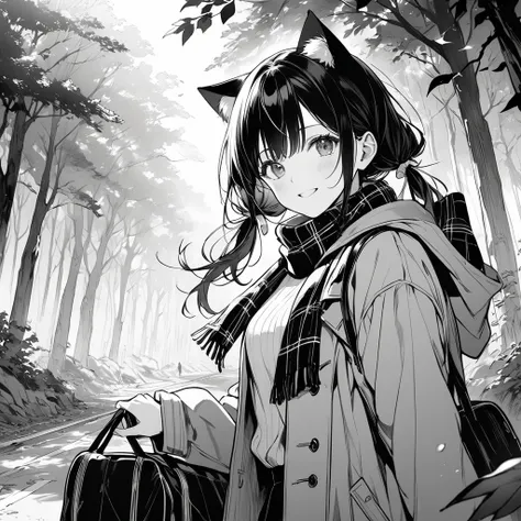 
Masterpiece, ultra-detailed, line art, monochrome, grayscale, black and white,

A road lined with trees with leaves fallen from the wind, a girl with black hair tied up in low twin tails at neck height,

waving at the viewer with sparkling grey eyes, smil...