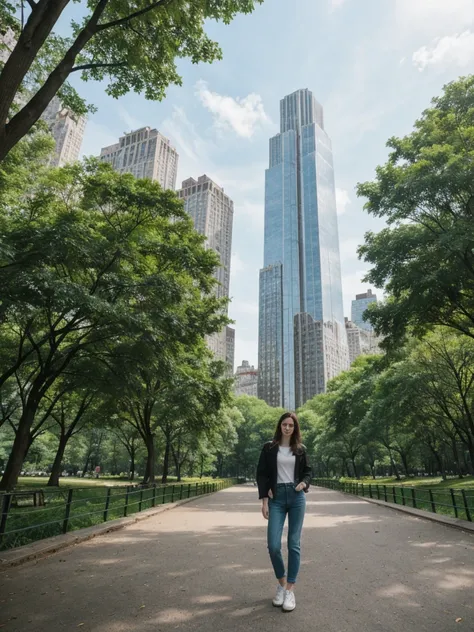 her name is Elle, high quality, 1girl, ((20-year-old fit Caucasian woman)), ((20 years old)), ((fit)), ((pale skin)), short length straight dark hair , wearing Deconstructed Denim Jacket + High-Waisted Utility Cargo Pants, pose: standing, background: Write...