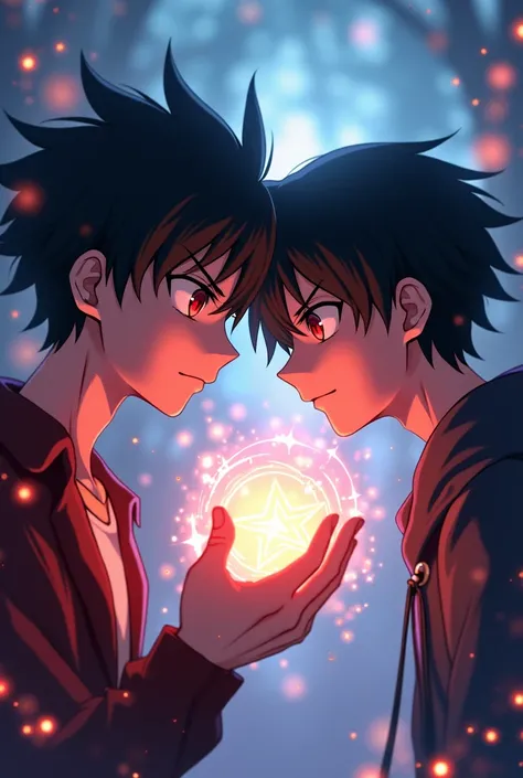 Black-haired anime boy with red eyes casting a spell on the face of another anime boy