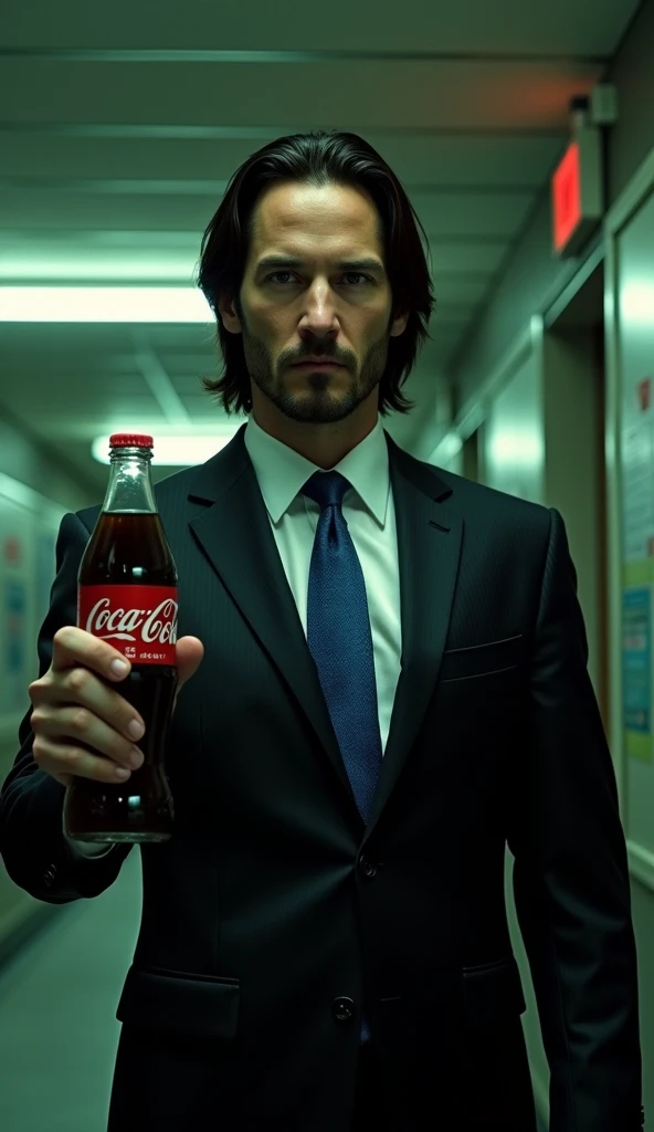  Front View,　Standing pose ,  Coca-Cola bottle in the right hand, Pepsi-Cola bottle in the left hand ,   white American man is Keanu Reeves  , 60 years old, Serious ,  suit style,  blue tie,   my house, In New York , yellow letter bottom "Matrix 5, reality...