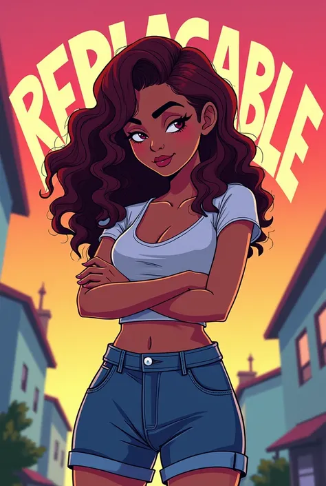 please make a cartoon looking with the people looking animated the picture is an album cover that says Replaceable - GinaMarie featuring LI.BLEEK with a Latina Young woman with burgundy curly shoulder length hair and a she’s 5’2 and a little bit curvy and ...