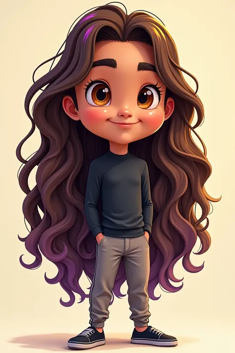  Make a full body image in cartoon style 


From a short guy , moreno,   of wide-eyed amber .  Long wavy brown hair that goes up to the feet , with golden and purple highlights .  Youre wearing a compression shirt and cloth pants that look like s 