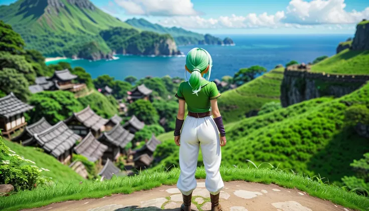 8K high resolution images  ,   realist, Green clothes、 BLACK ROCK 、  white pants、wear、  Dragon Quest  、 village、 green hair、village人と話している、 back view