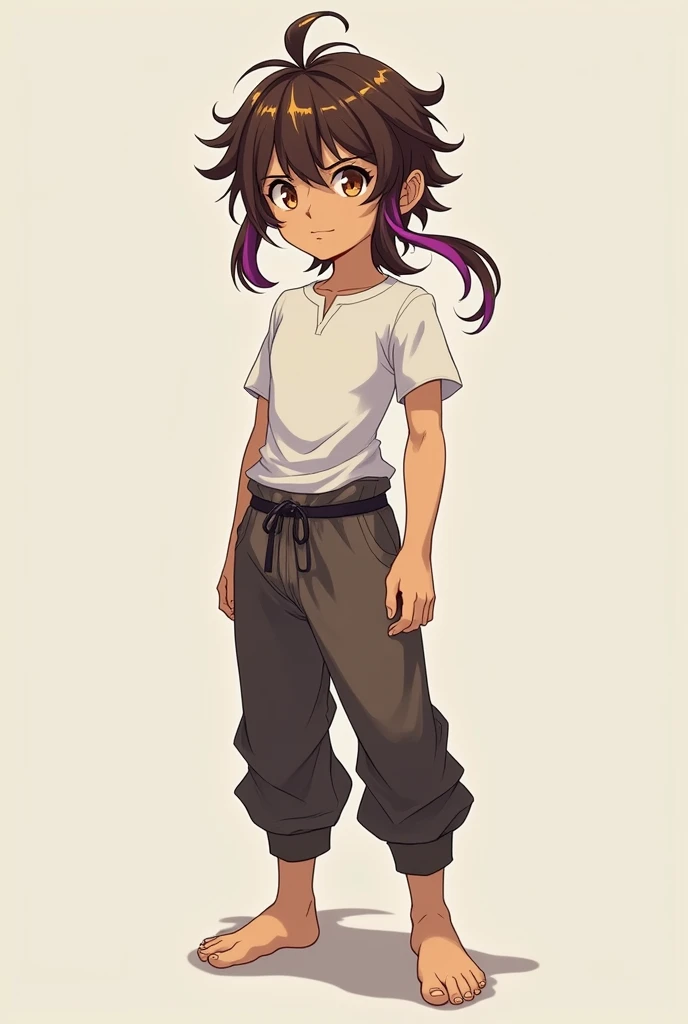 Make an anime-style full-body image


From a short guy , moreno,   of wide-eyed amber .  Long wavy brown hair that goes up to the feet , with golden and purple highlights .  Youre wearing a compression shirt and cloth pants that look like s 