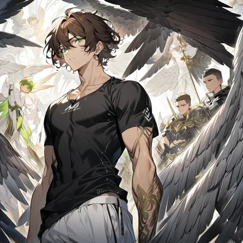 1 man, beautiful,  green eyes , Brown Hair , archangel, Wings, Black Wings,  athletic body, Black Sword,  short hair,  tight hair , White sweatpants,  Black t-shirt, loose clothes , hair cut