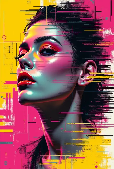 Illustration with a Glitch Art Style
Concept ,  representing art and graphic design Use glitch effects with vibrant colors (, magenta, yellow)  and pixelated text overlays .