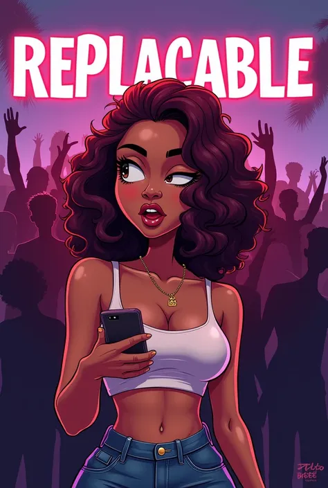 please make a cartoon looking with the people looking animated the picture is an album cover that says Replaceable - GinaMarie featuring LI.BLEEK with a light skin Latina Young woman with burgundy curly shoulder length hair and a she’s 5’2 and a little bit...