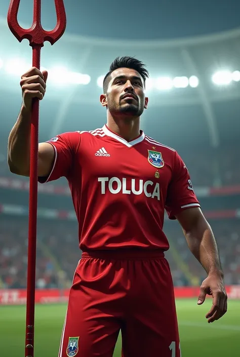  Man wearing a red jersey with the legend "TOLUCA ",  and a trident ,  in a soccer stadium  