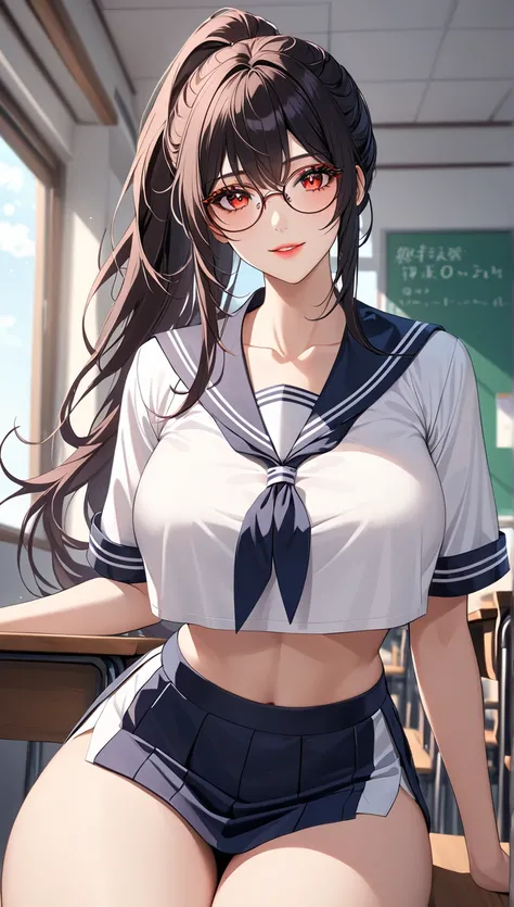 Highest quality　masterpiece　High resolution　masterpiece, a girl with chatacteristic={black messy hair, high pony tail, thick and beautiful hair, middle parted hair 　red glowing Eyes, seductive lips, teasing smile, sailor uniform , crop top overhang, big br...