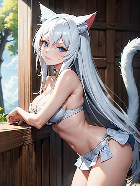 (masterpiece), best quality, smilling, expressive eyes, perfect face, Beautifull russian girl white long hair, ((CAT ears)) and a ((cat tail)), seductive smile, outdoor, erotic, excited, sex, isekai medieval, miniskirt, tshirt sexy, cgi, 8k, isekai, eyes h...