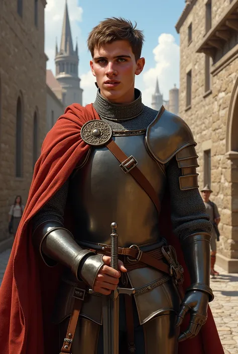 Realistic face, realistic body, masterpiece, early medieval, knight, beardless, this man going through daily life as the captain of the kings guard