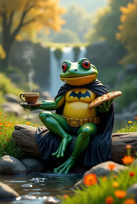 a frog with the character Batman. Sit relaxed on a felled tree trunk. While his right hand is holding a cup of warm coffee. Smoke comes out of the coffee cup. His left hand holds a slice of pizza. looks real and realistic. the image quality is sharp. In th...