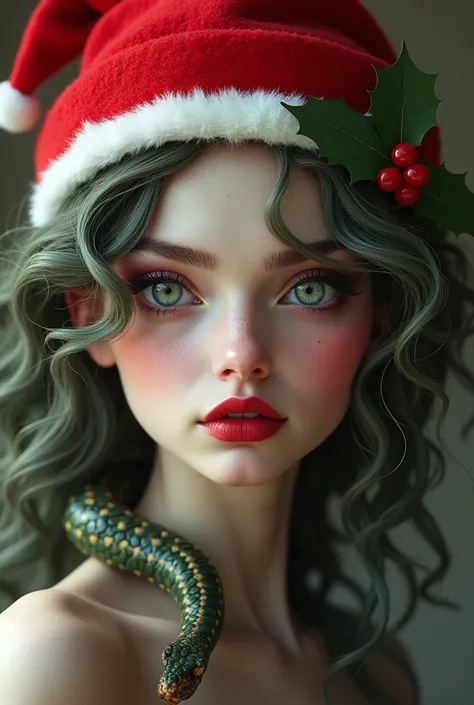  medusa from Greek mythology, with porcelain skin, Tone of red lips and blushed cheeks wearing a red Christmas hat