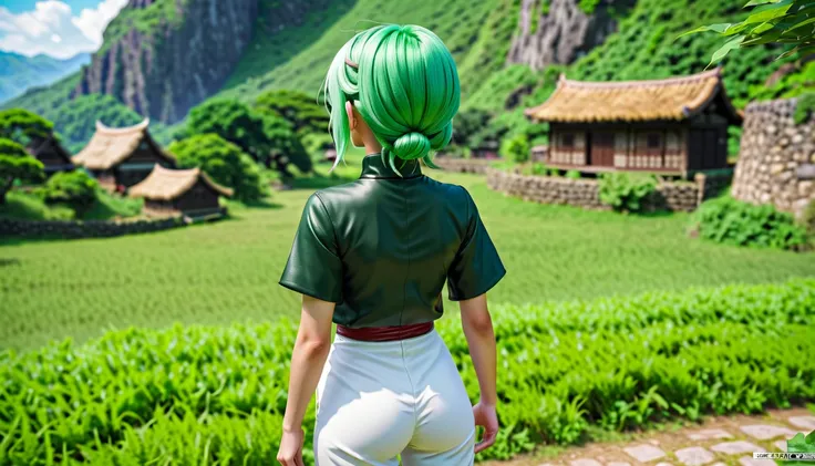 8K high resolution images  ,   realist, Green clothes、 BLACK ROCK 、  white pants、wear、  Dragon Quest  、 village、 green hair、village人と話している、 back view