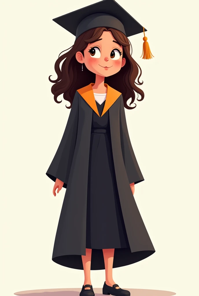 &#39;s drawing, cartoon style,wearing blue and black ,png image.
Hair:half, dark brown and wavy
Very light brown skin
Black shoes
Graduation hat .
She is .
 Put on a long black dress ,
Under the graduation outfit  