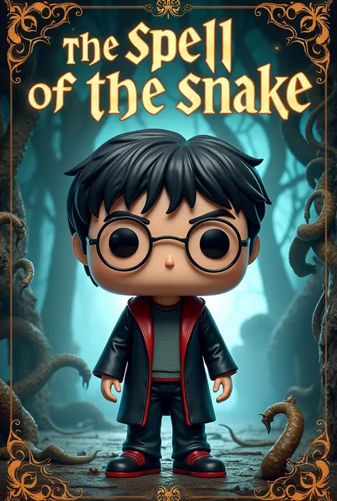 Advertising poster for the book The Spell of the Snake with Harry Potters funko pop inviting you to read the tabloid-sized book