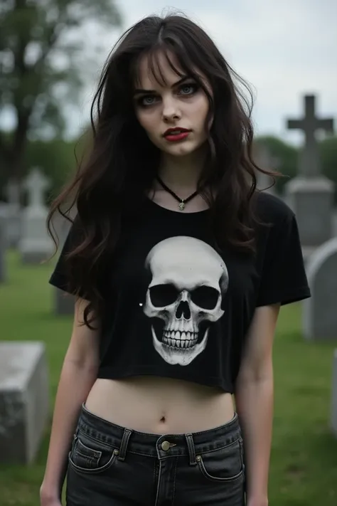 Young goth, wearing a black crop top with a skull design and jeans, in the background a cemetery 