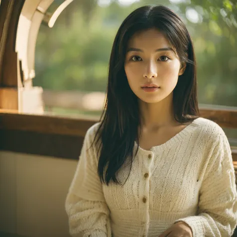 A hyper-realistic image of a single Japanese woman in her early 20s, captured with the nostalgic warmth and subtle graininess of a film camera, focusing on a chest-up composition. Her skin has a warm beige tone with a natural, slightly rough texture that i...