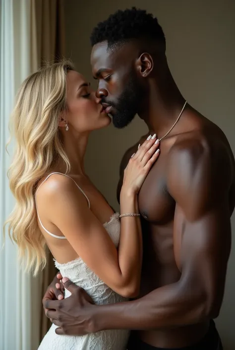 a blonde white woman with big and very perky breasts hugs and kisses the black African boy with a huge penis they form an interracial couple