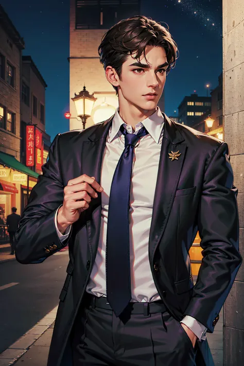 (absurdres, highres, ultra detailed, realistic, ), 1 male, solo, adult, mature, tall muscular guy, broad shoulders, handsome, very short hair, black hair, brown eyes, angular jaw, thick neck, thick eyebrows, night, dark, the night view of the city backgrou...