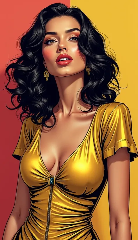 Comic style image. DISCREET. with discreet clothes. adult image, american woman. with METALLIC GOLD DRESS, discreet, WITH SLEEVES AND CLOSED IN THE FRONT. YOU ARE HAPPY.  IMAGES WITH VIBRANT COLORS. FOCUS ON THE FACE.