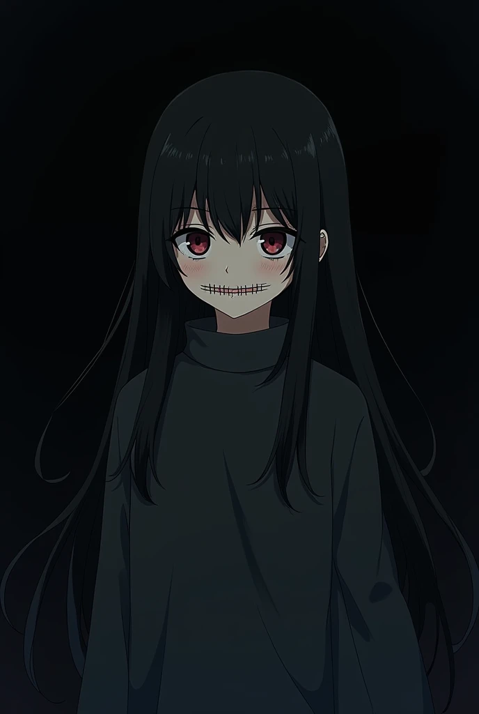 Create me an anime character whose mouth is sewn shut and that the eyes are full of tears the girl has long black hair and the clothes are huge the background is black 