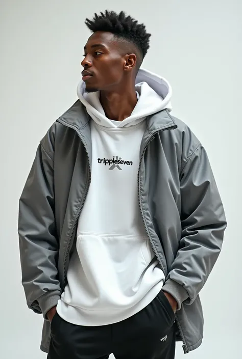  A model is wearing streetware with a small and sharp “TRIPPLESEVEN” written on the top right. 
The image is suitable for a “TRIPPLESEVEN” advertising campaign. 