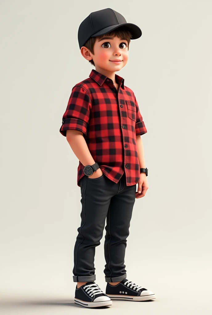 10 class boy with wearing red check shirt black pant and Canvas shoe and black cap on his head and the watch on his left hand 