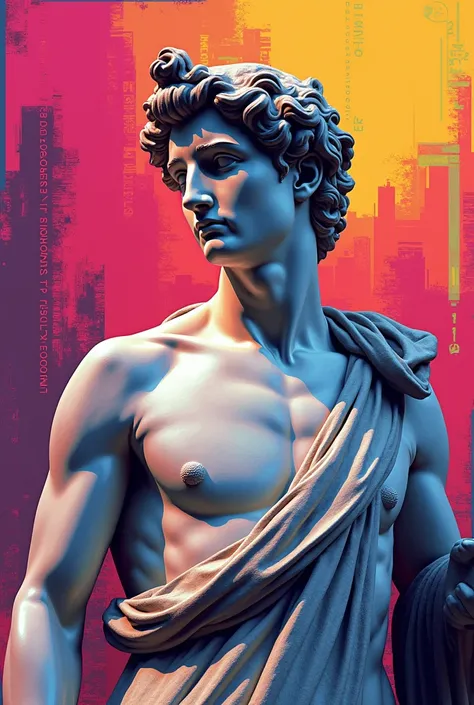 illustration of a Michelangelo sculpture with a Glitch Art Style representing art and graphic design Use glitter effects with vibrant colors (, magenta, yellow)  and pixelated text overlays .