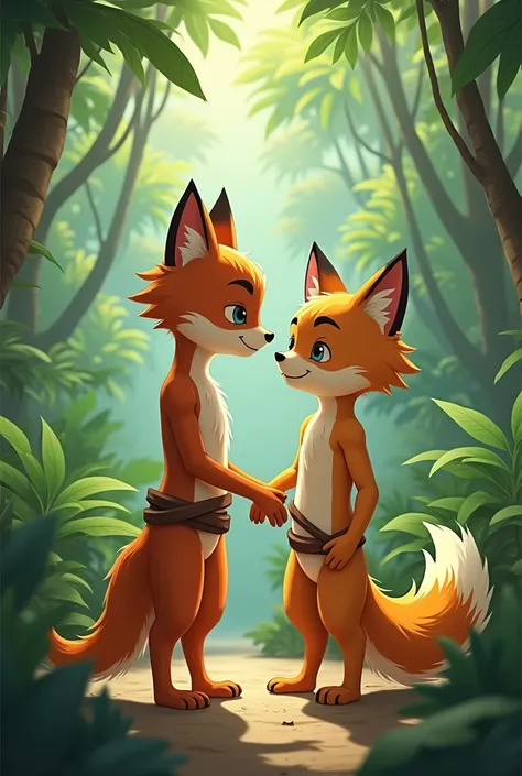 In 2D animation ,  a young cat boy  , ANTHROPOMORPHIC  , that is, on two legs , in loincloth ,  is touching the buttocks of a young fox boy , Anthropomorphic ,  that is, on two legs , hambos estan in loincloth,  in the jungle , 