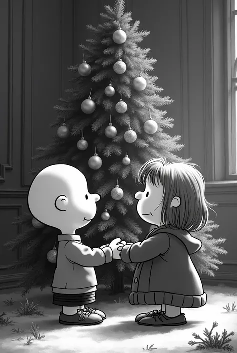 Draw Charli Brown and Linus for me in black and white to color decorating a Christmas tree 