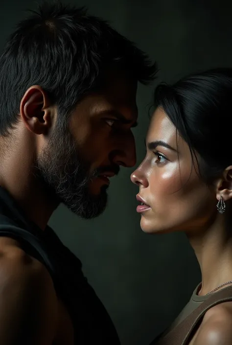 Close-up of a brown man confronting a woman with black hair and white skin 