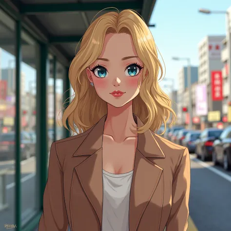 Create a (((full body, head to toe))) image in a wide shot japaanime (((standing))) at a bus stop in japan, of Margot Robbie, of her physical appearance taking into account the harmonious combination of symmetrical facial features and a proportionate figur...