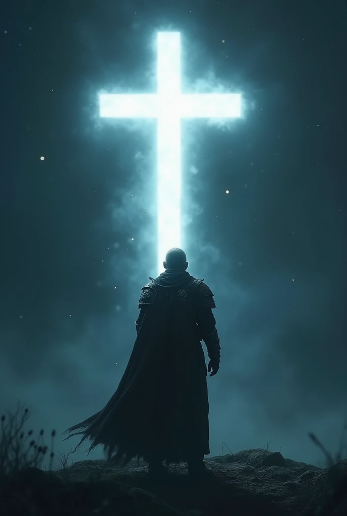 A warrior of Christ watching a white cross shining in the skies,  on a dark night 