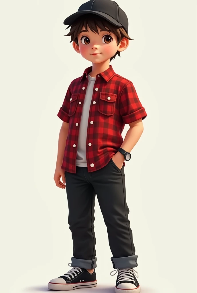 10 class boy with wearing red check shirt black pant and Canvas shoe and black cap on his head and the watch on his left hand 