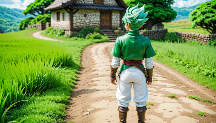 8K high resolution images   ,    realist, Green clothes、   green hair、   white pants、wear、   Dragon Quest  、  green hair、   A young male hero 、  rear view、village、１人のvillage人が入り口に立っている