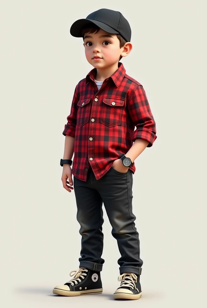 10 class boy with wearing red check shirt black pant and Canvas shoe and black cap on his head and the watch on his left hand 