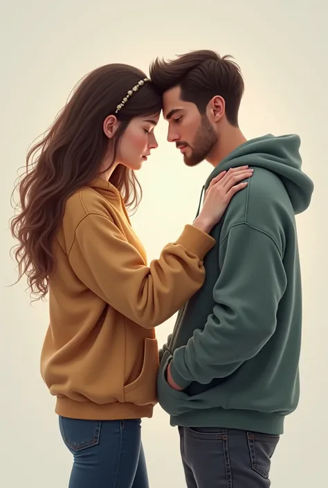 Couple wearing hoodies are facing each other, and a woman is putting her hand on a mans shoulder