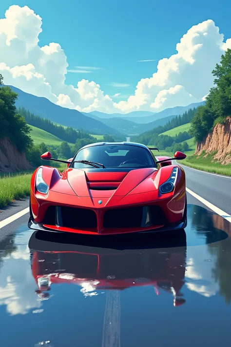 Make high quality high graphics sport car in the road and some water in the road to reflect the car and sky and clouds and in the Japanese retro anime style 