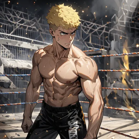  masterpiece , 1 adult male aged 40 years, hairless, rubio, buzz haircut, blonde hair, eyes, strong, muscular,  black pants ,  bare chest , angry and worried, In the background a destroyed wrestling ring, fire particles