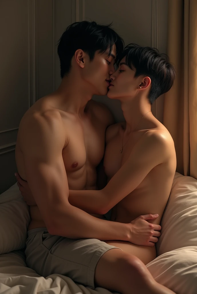 two Korean boyfriends, kissing naked, one boyfriend is handsome muscular and one boyfriend is pretty cute boy