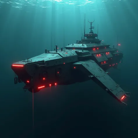 futuristic cyberpunk giant underwater craft, red lights