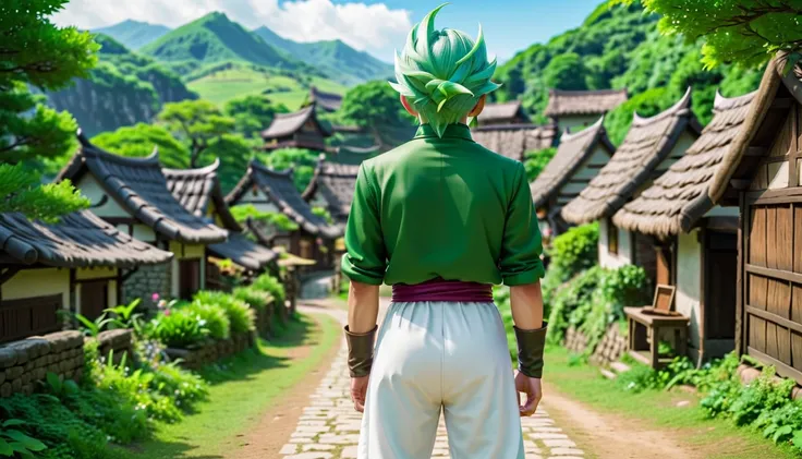 8K high resolution images   ,    realist, Green clothes、   green hair、   white pants、wear、   Dragon Quest  、  green hair、   A young male hero 、  rear view、village、village人で賑わってる