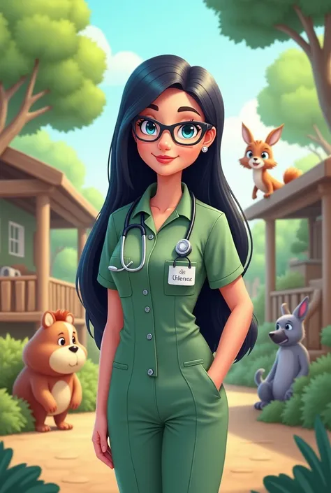 Create a bottomless cartoon of a female veterinarian with blue lenses,  black cabello, smooth and long in zoo uniform .