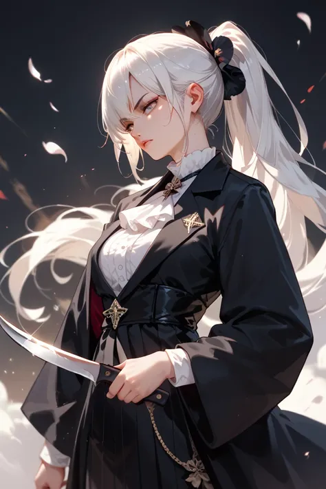  dressed as death wearing a black robe white hair with a ponytail holding a sickle